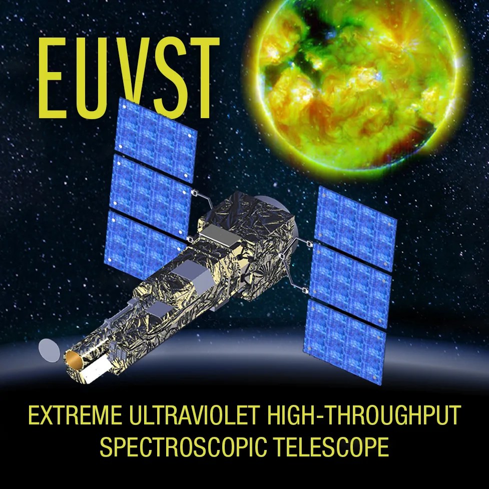 Illustration of a spacecraft with a yellow and green image of the sun in the background; the text reads EUVST: extreme ultraviolet high-throughput spectroscopic telescope