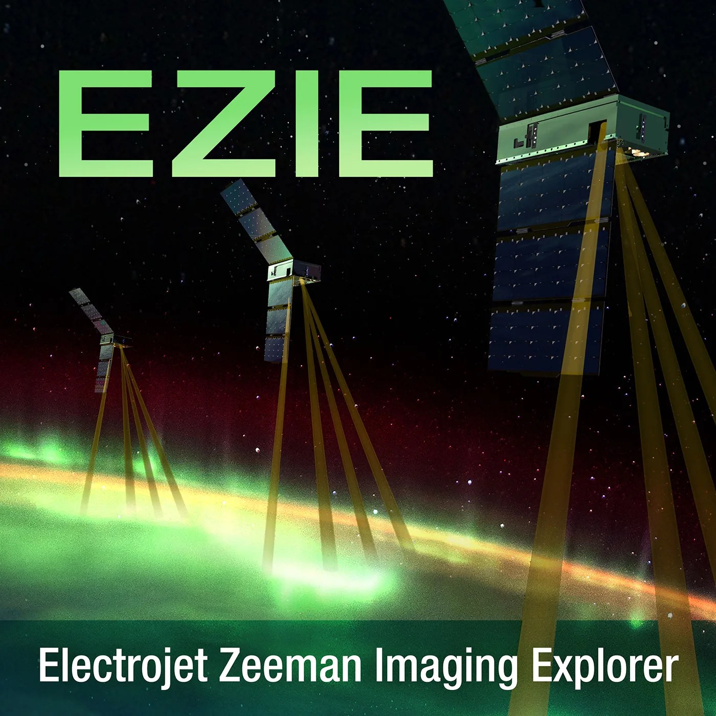 Artist concept of spacecraft scanning the green surface of the sun; text reads EZIE: Electrojet Zeeman Imaging Explorer