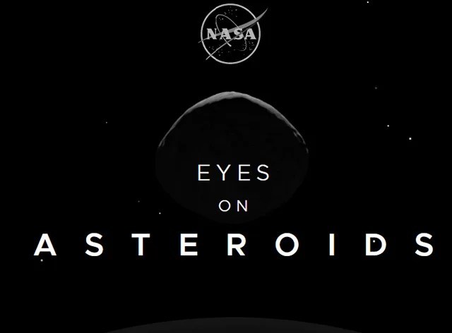 The NASA logo is shown above a crescent shaped asteroid. The text "Eyes on Asteroids" is displayed below.