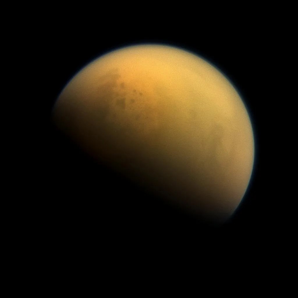 Full disk view of Saturn's hazy moon Titan.