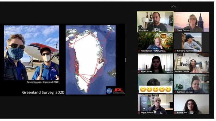 Webinar with 10 participants on the right side of the screen. On the left is a JPL Greenland Survey 2020 slide with 2 men in front of a small plane. Also on the slide is a map of a white body of land surrounded by water with red lines around the land borders.