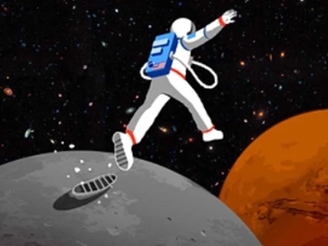 An astronaut jumps from a grey surface towards a red planetary surface.