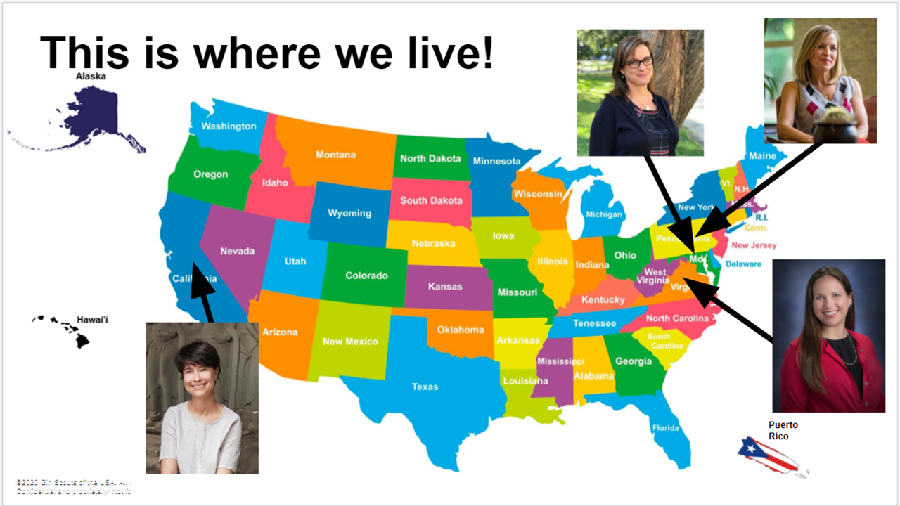 Slide showing where the panelists for session 1 and the moderator live on a colorful map of the U.S.