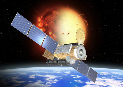 Artist concept of satellite in orbit above the Earth with the Sun in the background