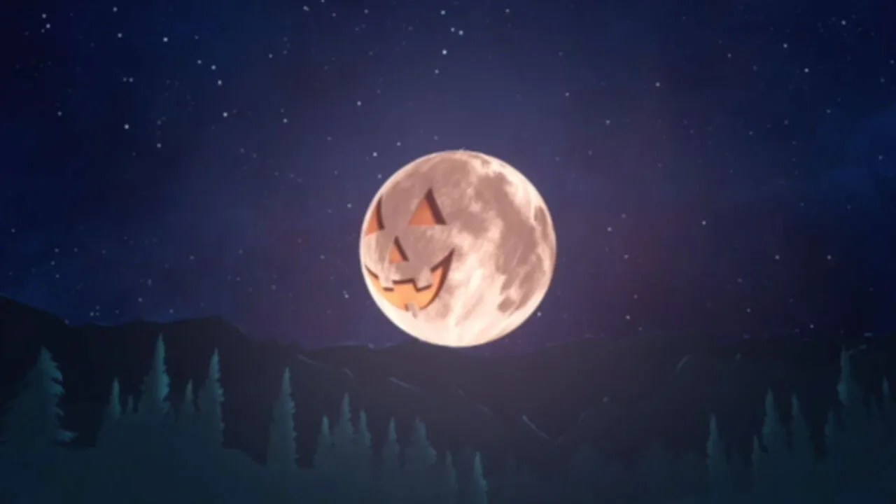 Whimsical animation of a full Moon becoming a jack-o'-lan·tern in the sky.