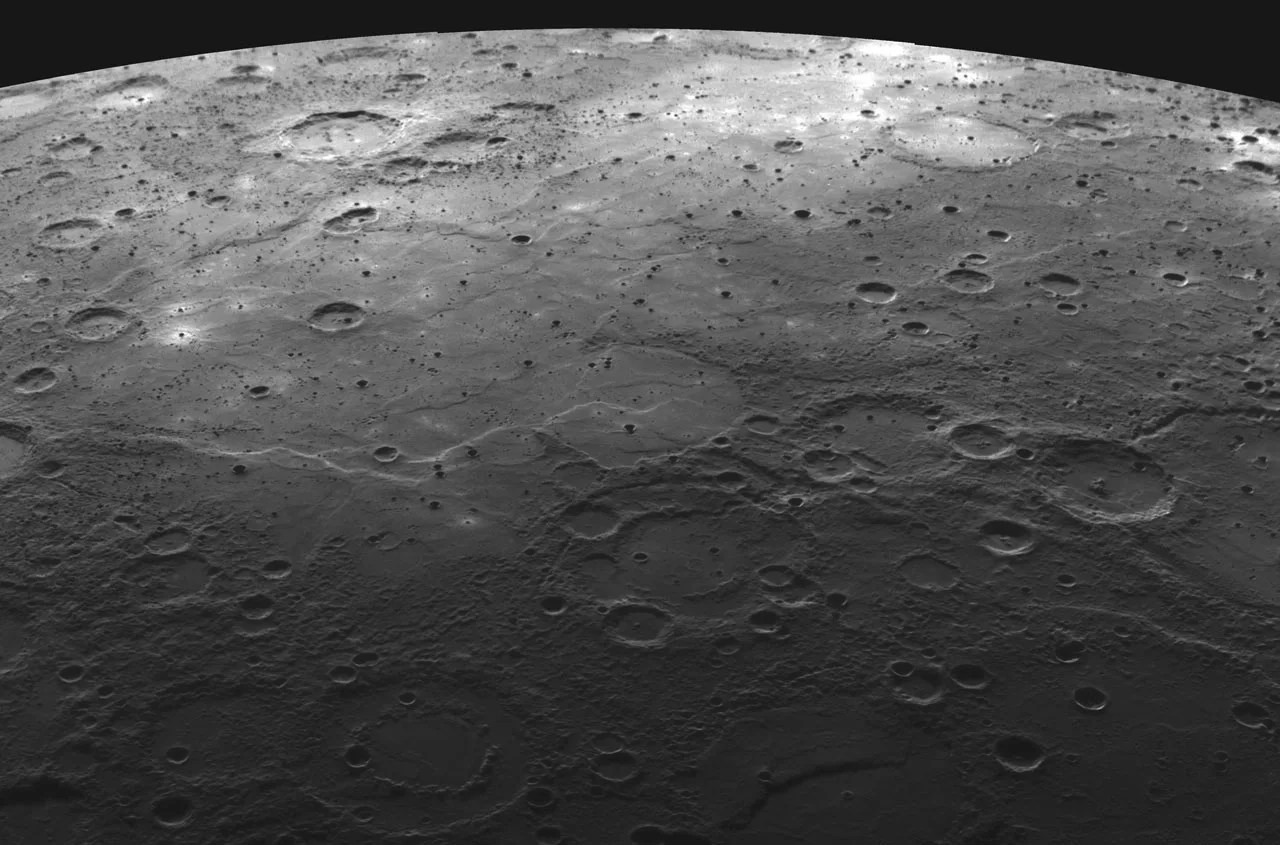 Heavily-cratered view of Mercury from orbit.
