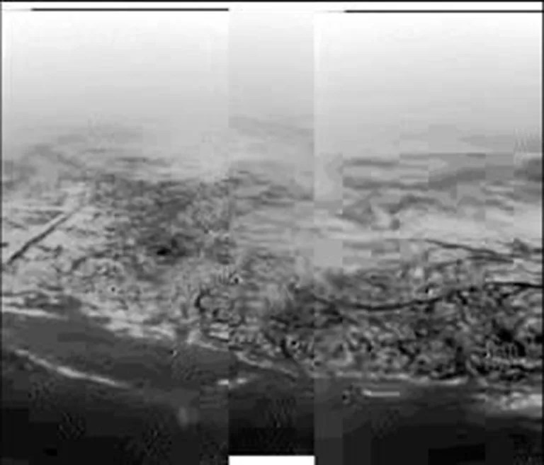 This composite was produced from images returned on 14 January 2005, by ESA's Huygens probe during its successful descent to land on Titan.