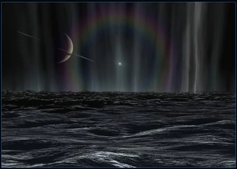 In this artist's rendering, a distant sun forms a halo (refracted sunlight by ice crystals) amid streamers of pure water ice particles, which spew into space from cracks in the south polar surface of Saturn's tiny moon Enceladus.