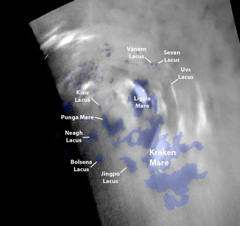 Clouds move above the large methane lakes and seas near the north pole of Saturn’s moon Titan in this single frame from an animation made with images taken by Cassini.