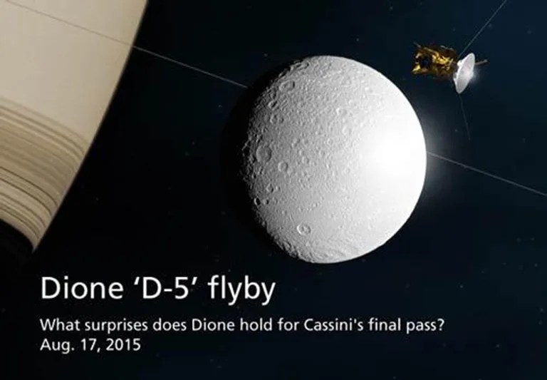 Cassini will zip past Dione on Monday, Aug. 17 -- the final close flyby of this icy moon during the spacecraft's long mission. Mission controllers expect fresh images to begin arriving on Earth within a couple of days following the encounter.