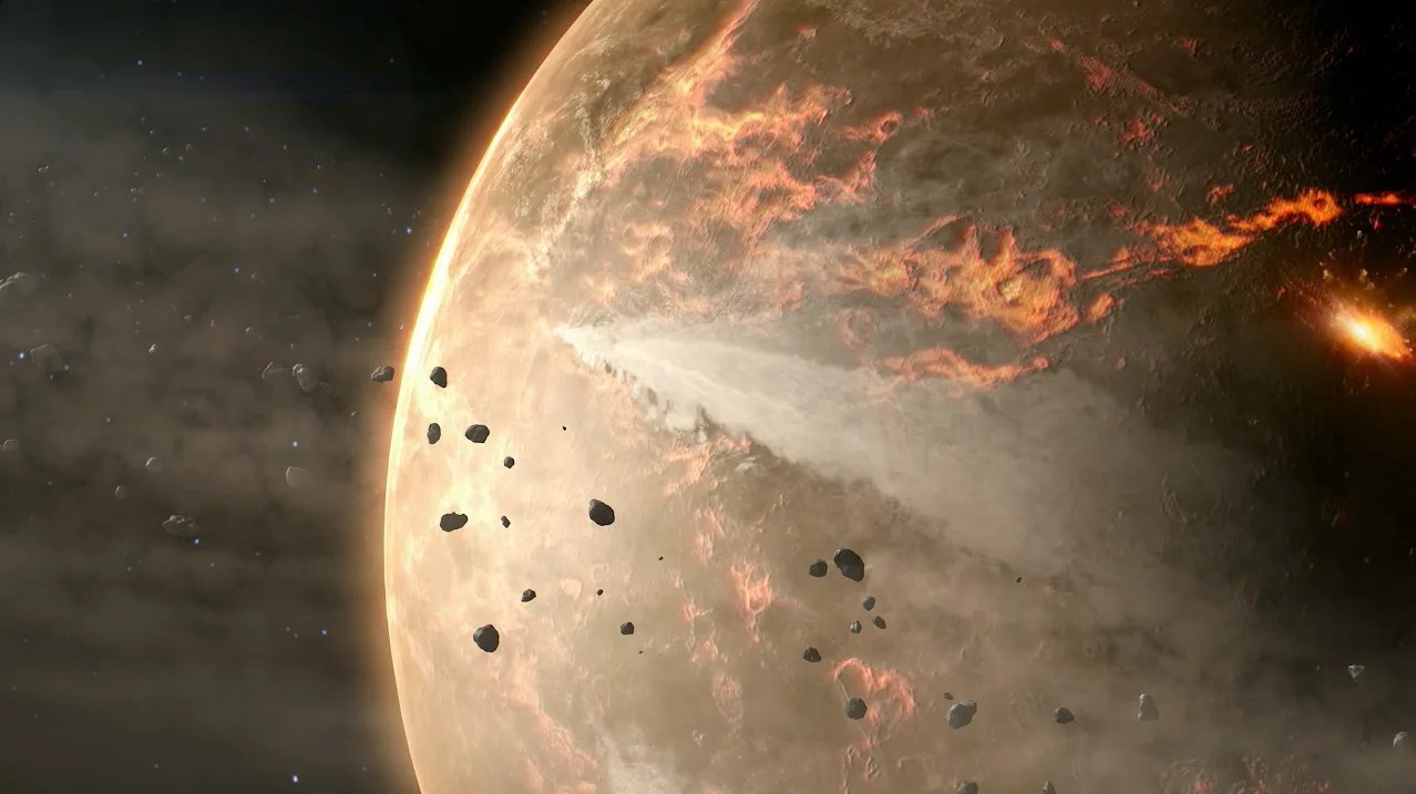 Illustration of asteroids falling on planet