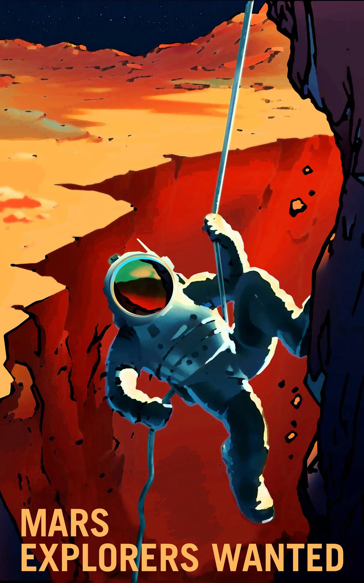 Illustration of astronaut repelling down the side of Valles Marineris.