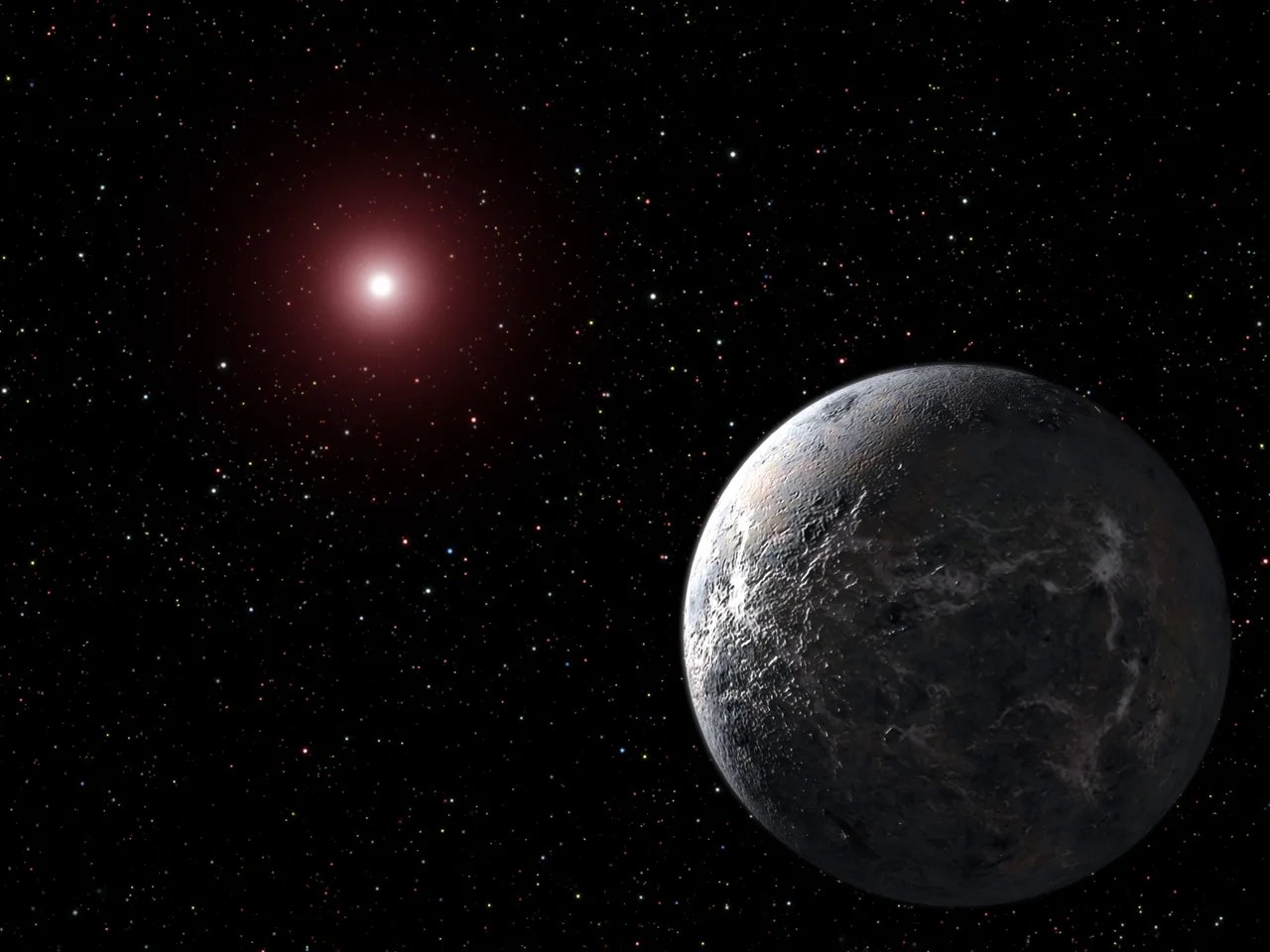 Illustration of icy world orbiting distant star. Black background with a bright whitish-red star at upper left. A terrestrial-type planet is at lower right.