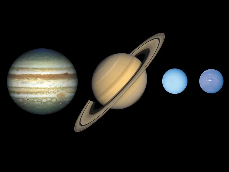 图中显示了所有四颗巨行星的规模。木星是最大的，其次是土星。天王星和海王星的大小相似。