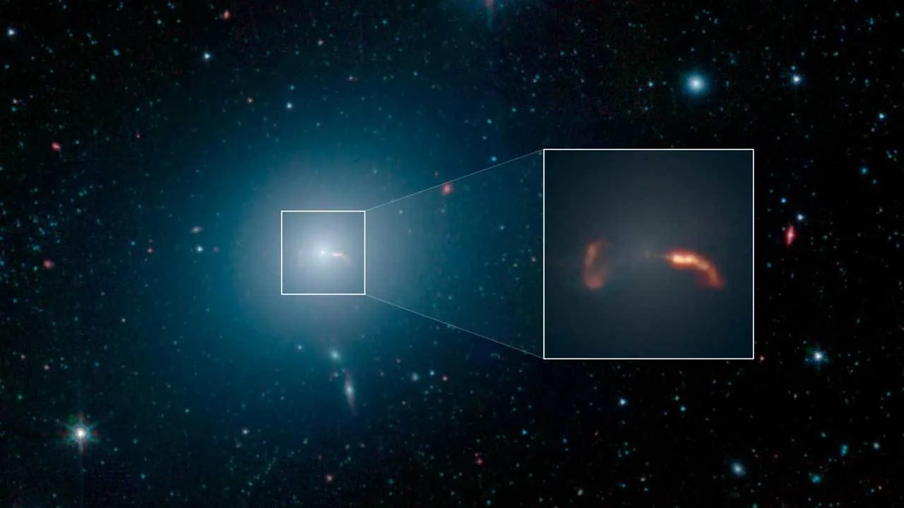 Jets of material spew from a black hole in a distant galaxy.