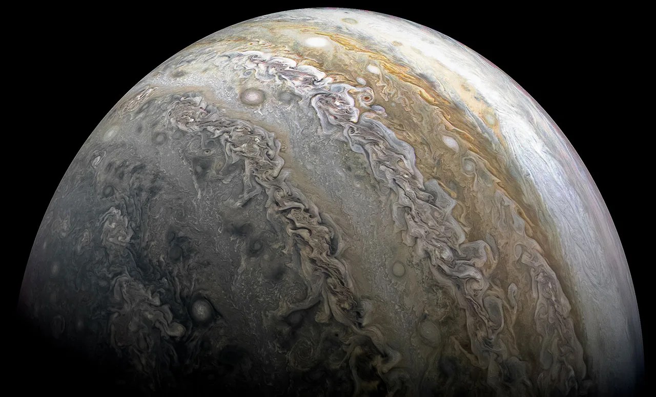 NASA’s Juno mission captured this look at the southern hemisphere of Jupiter on Feb. 17, 2020, during one of the spacecraft’s close approaches to the giant planet. This high-resolution view is a composite of four images captured by the JunoCam imager and assembled by citizen scientist Kevin M. Gill. Credit: NASA, JPL-Caltech, SwRI, MSSS | Image processing by Kevin M. Gill, © CC BY