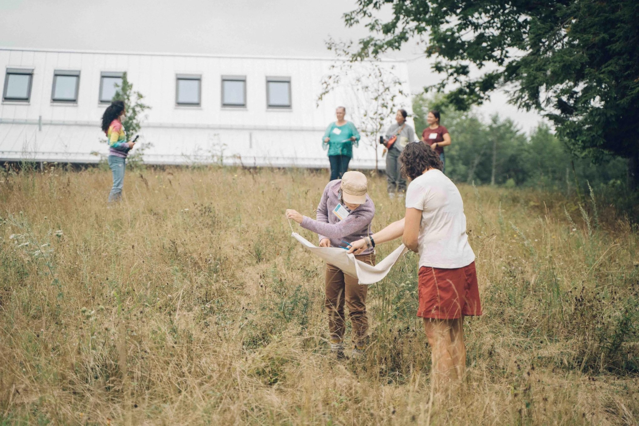 Photo of two educators in the foreground completing a tick drag. They are looking at a strip of beige cloth to see if they have collected any ticks. There are 4 educators in the background talking about the hands on tick activity.