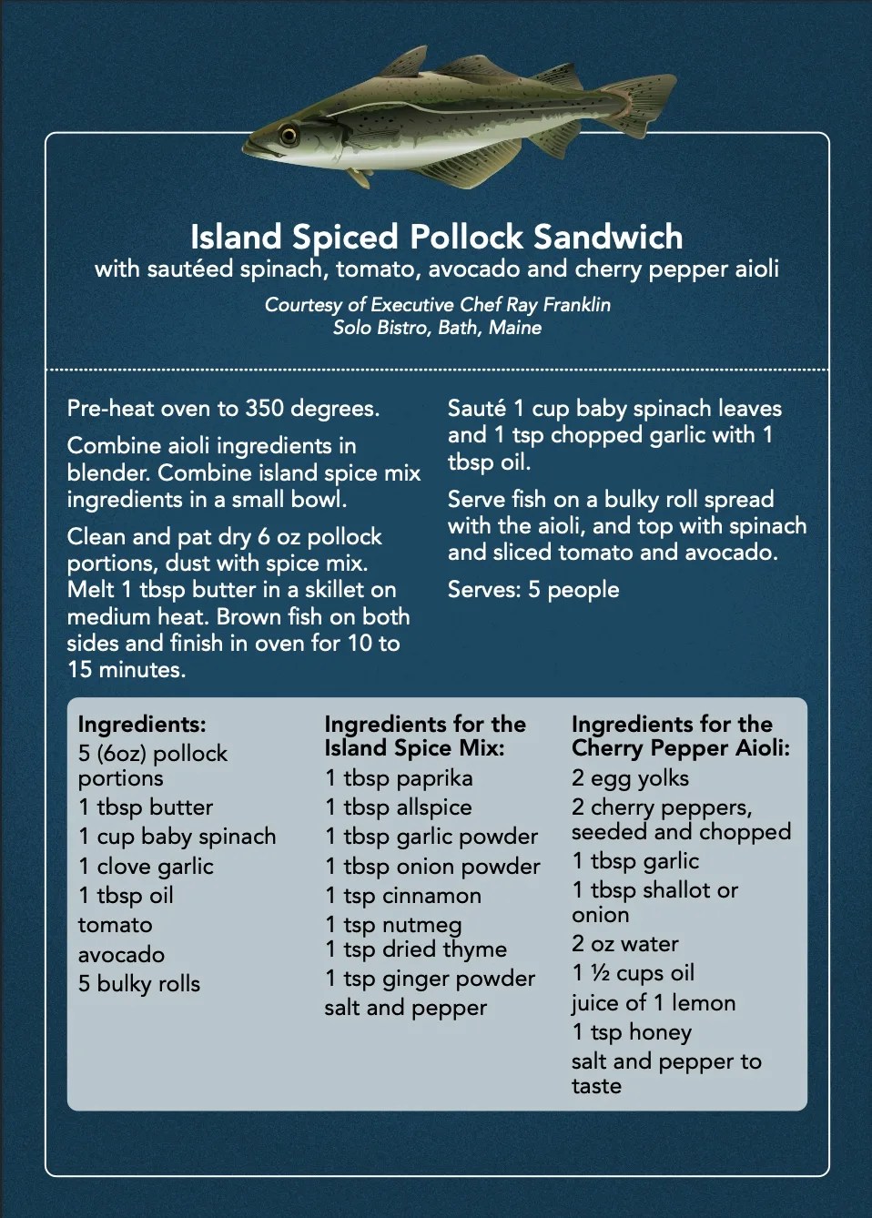 Dark blue card with a drawing of a pollock and white text. The recipe title says: Island Spiced Pollock Sandwich with sauteed spinach, tomato, avocado and cherry pepper aioli. Courtesy of Executive Chef Ray Franklin of the Solo Bistro in Bath, Maine.