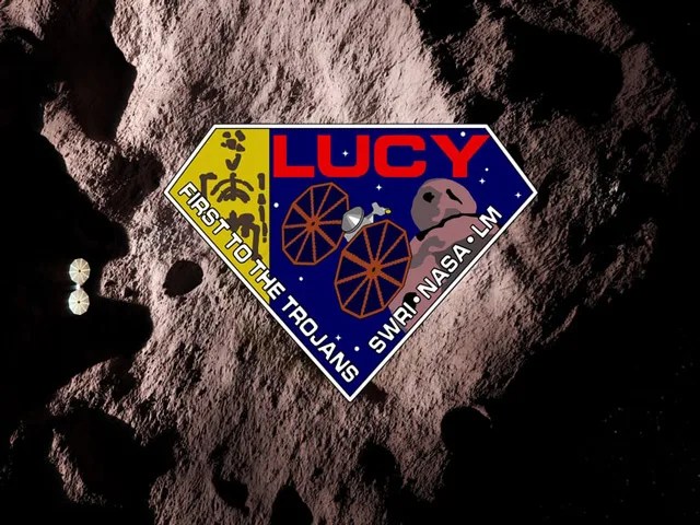 Illustration of Lucy mission logo in front of an asteroid