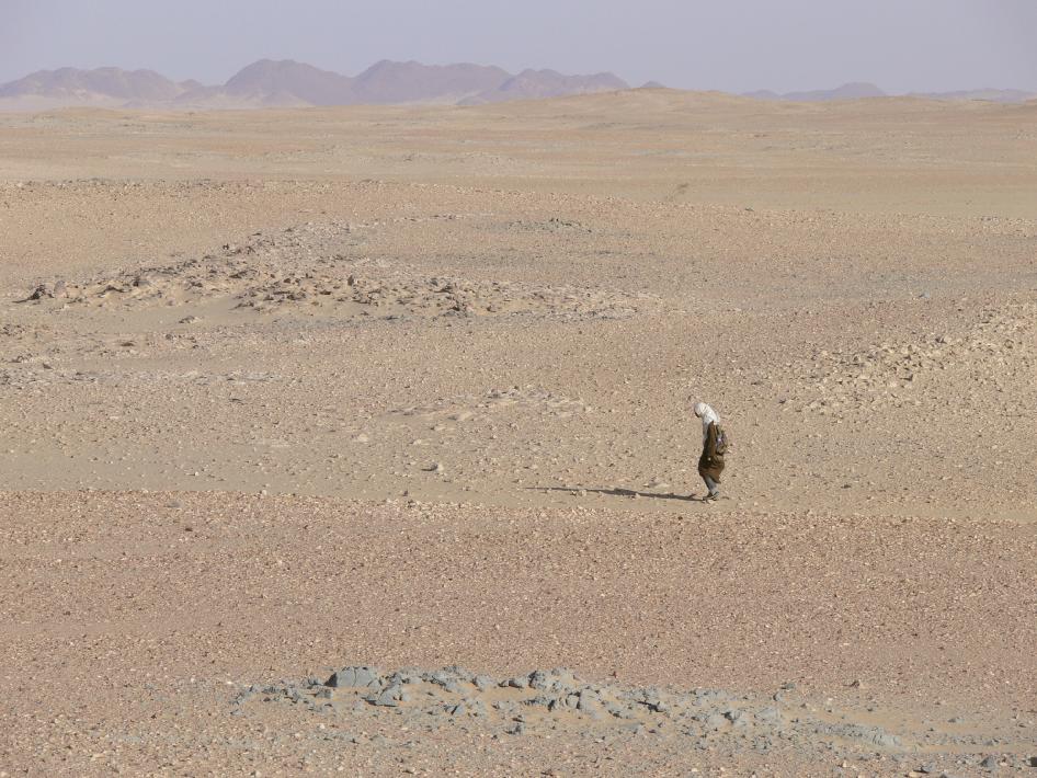 Lone figure searching a vast expanse of desert.