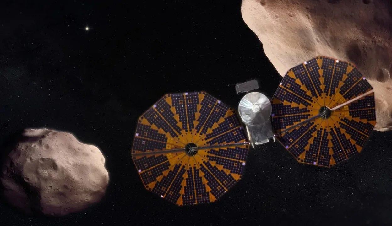 Artist's concept of the Lucy spacecraft flying by two of its asteroid targets.