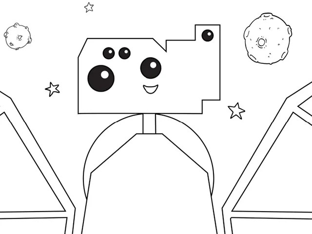 A black and white coloring page showing an outline of a cartoon spacecraft, along with stars and asteroids.