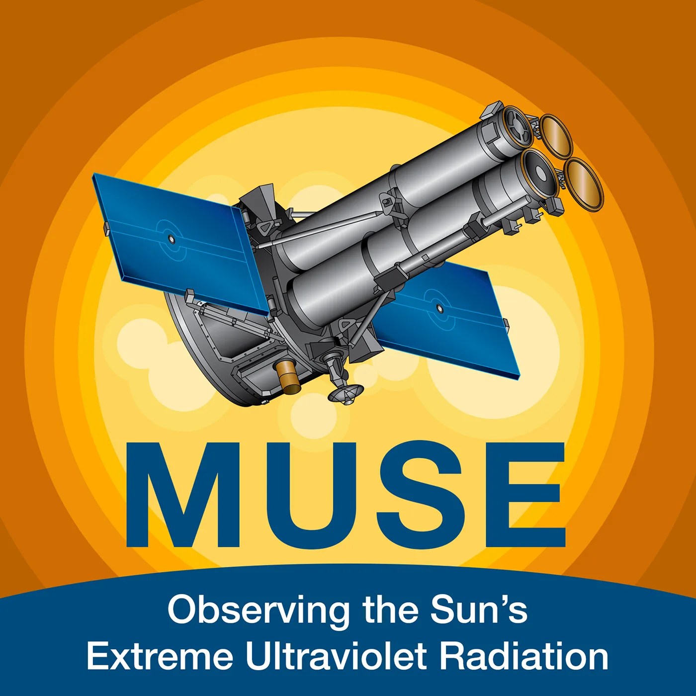 Image of a spacecraft with an illustrated yellow to orange gradient sun in the background; the text reads Muse Observing the Sun's Extreme Ultraviolet Radiation