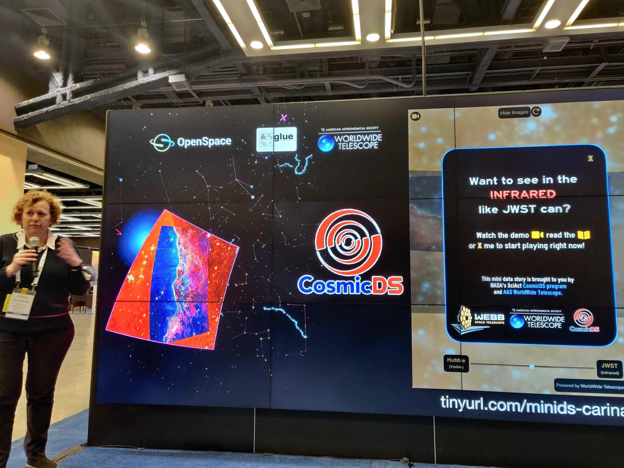 Prof. Alyssa Goodman stands next to the NASA Hyperwall, a roughly 7' x 12' video display that was featured at the NASA Science Exhibit during the January 2023 American Astronomical Society conference in Seattle, WA. She is showing the newly released Carina Mini Data Story and other astronomical visualizations.