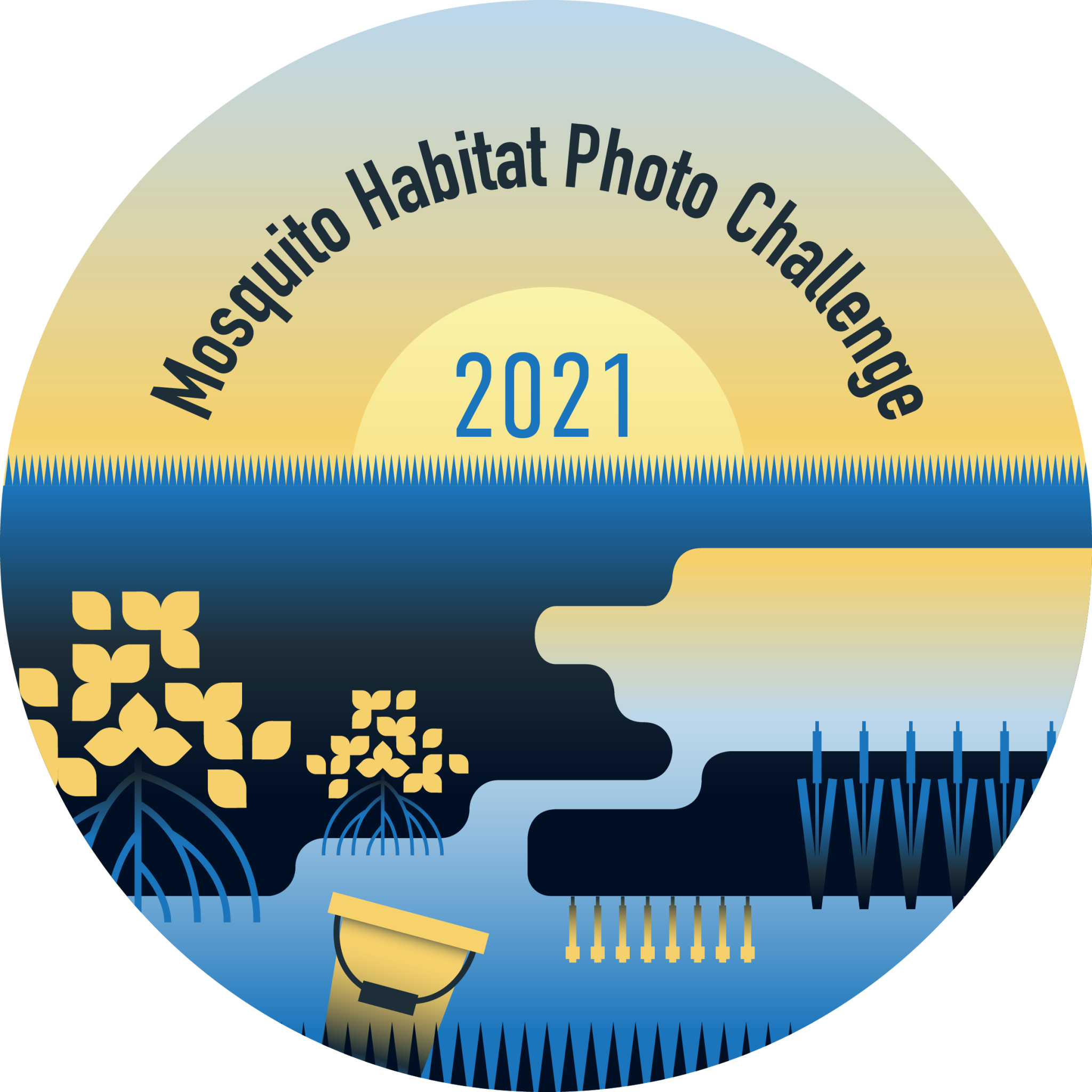 A badge showing a graphical representation of mosquito habitats on a landscape with the words Mosquito Habitat Photo Challenge 2021.