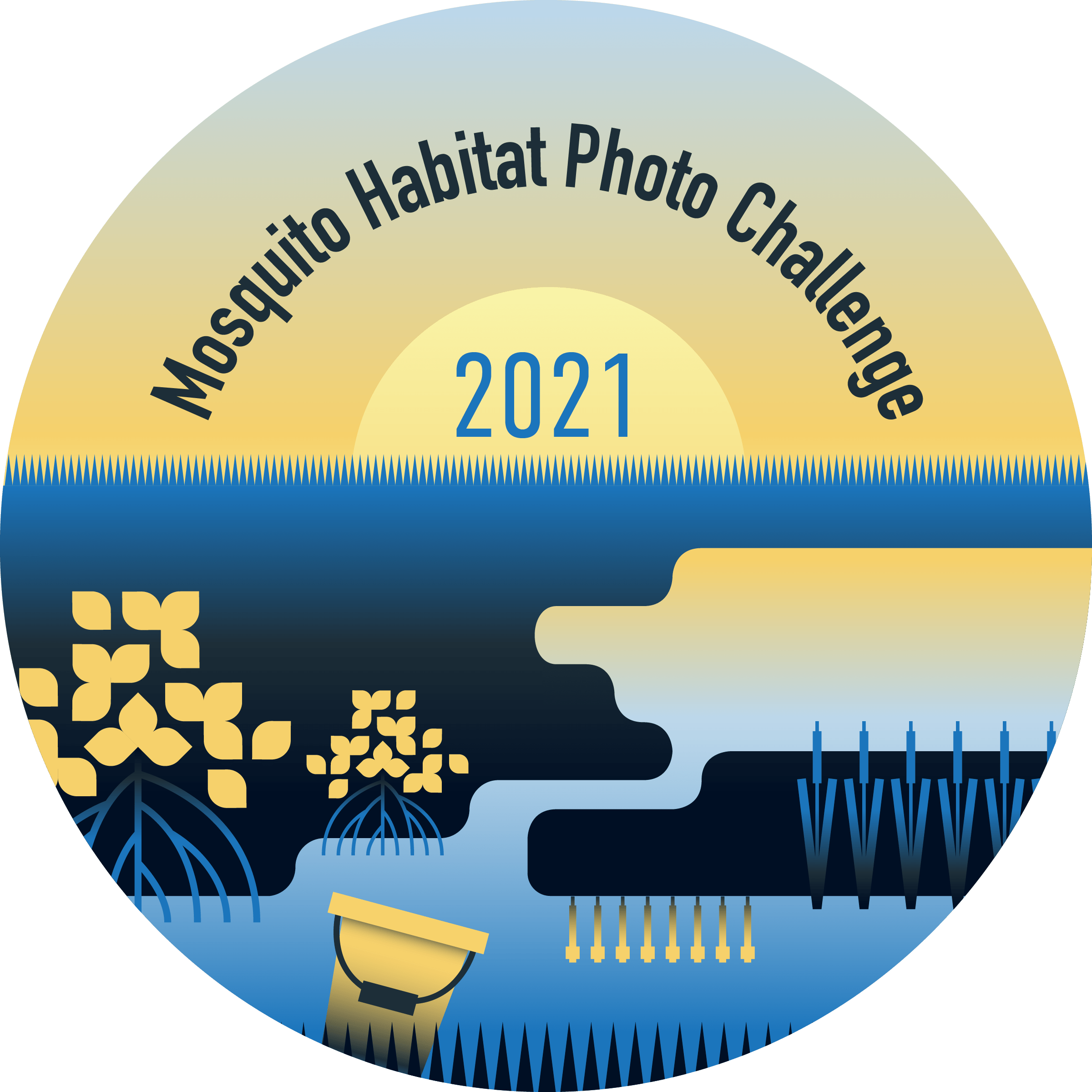 A badge showing a graphical representation of mosquito habitats on a landscape with the words Mosquito Habitat Photo Challenge 2021.