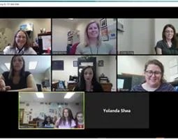 Six women webcam with a small classroom of middle schoolers