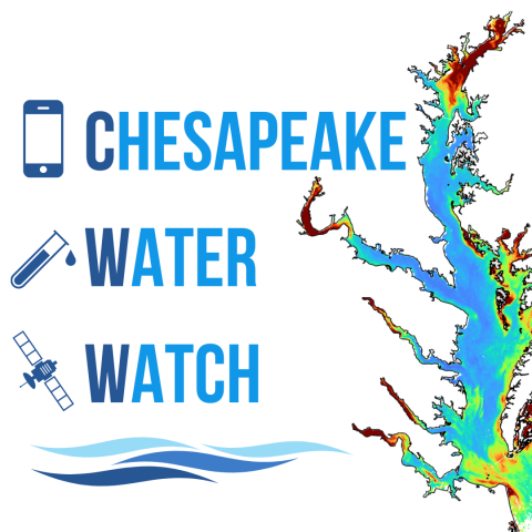 Blue text reads Chesapeake Water Watch down the middle of a square graphic; icons on the left of the text include a mobile device, a water guage and a satellite; on the right is a colorful satellite image of Chesapeake Bay