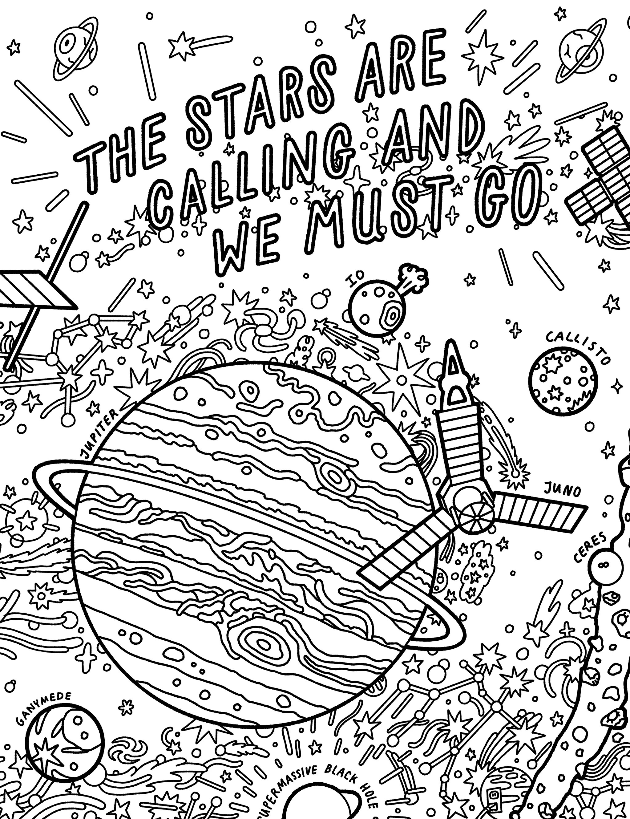 coloring page featuring Saturn, Uranus, Neptune, some of their moons, the Cassini-Huygens spacecraft, and New Horizons