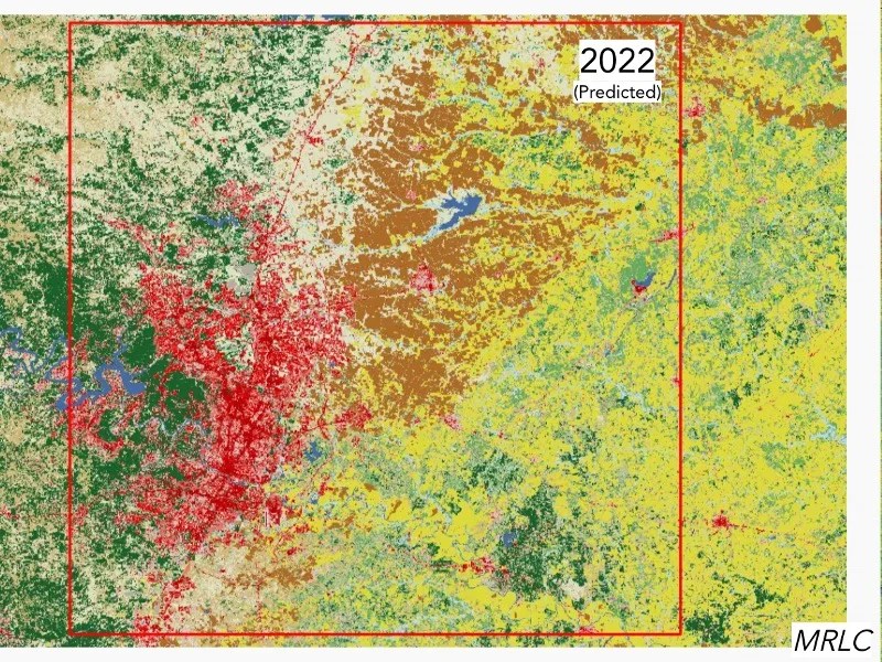 Predicted 2022 UHI of Austin, TX depicts a heat map with the letters MRLC in the bottom right corner.