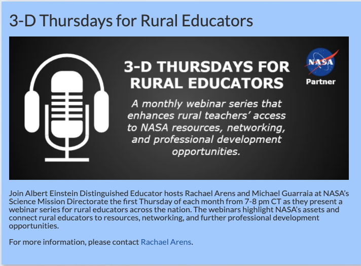 Image promoting the 3-D Thursdays webinars, held the first Thursday of each month from 7-8 pm CT.