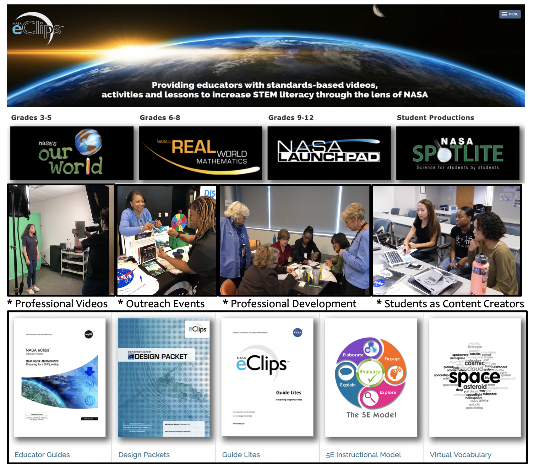 NASA eClips Overview with a mission statement, programs, thumbnails, and cover pages.