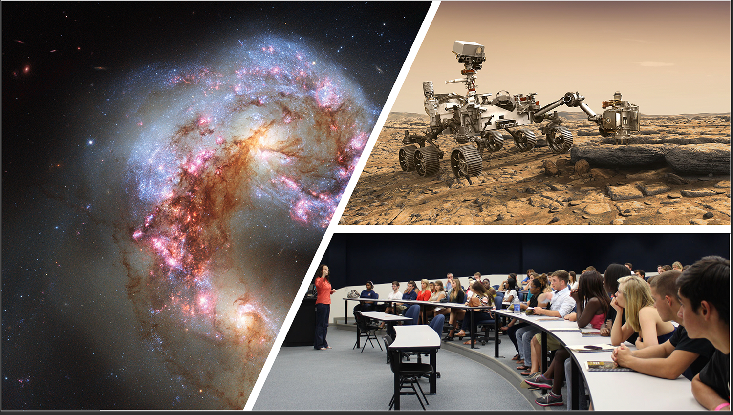 Collage of images: colorful galaxy image, mars rover and students in a classroom
