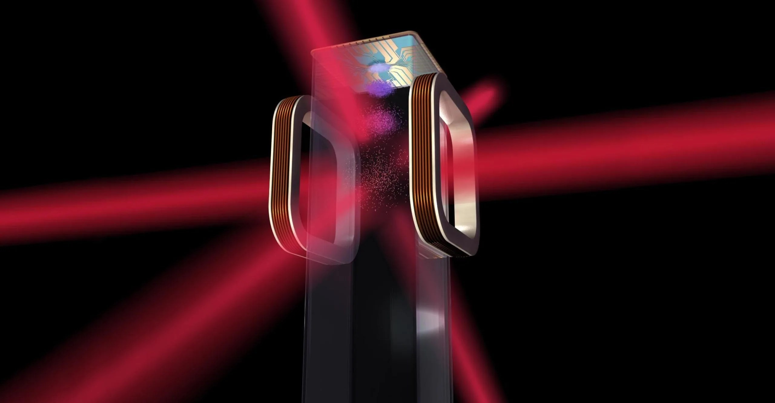 Concept image of a magneto-optical trap and atom chip during experimentation with three laser beams in use.