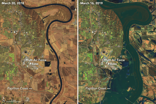 Two satellite images side by side to illustrate flood damage in the midwest.