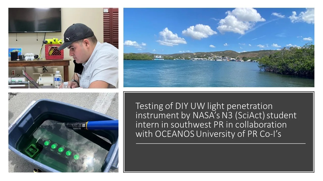 Top left: Photo of summer intern downloading data from instrument; top right: view of La Parguera in southwest Puerto Rico; bottom left: instruments submerged in a water bucket.