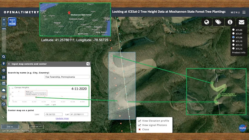 Composite image showing a combination of ICESat-2 overpass orbit, tree canopy height visual and data from ICESat-2 on Open Altimetry, and the Moshannon State Forest planting location in Pennsylvania.