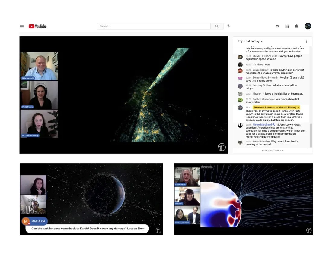 Composite of 3 screenshots of Astronomy Online virtual programs. Top center: YouTube page with an Astronomy Online program. Bottom left: Earth surrounded by points of white and 2 speakers inset left, and a banner at the bottom with an audience question, “Can the junk in space come back to Earth? Does it cause damage? Lassen Elem”. Bottom right: visualization of the Sun’s magnetosphere in red, white, and blue, with 4 speakers inset left.