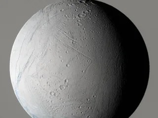 This false-color view, made on a previous flyby, shows that unlike other Saturn moons, the surface of Enceladus consists of entire regions that appear to be relatively crater-free.