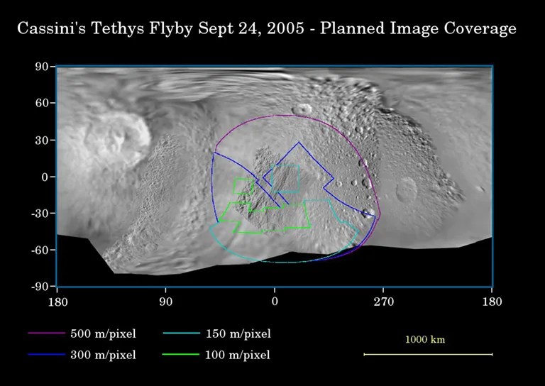 This map of the surface of Saturn's moon Tethys illustrates the regions that will be imaged by Cassini during the spacecraft's close flyby of the moon on Sept. 24, 2005. At closest approach, the spacecraft is expected to pass approximately 1,500 kilometers (930 miles) above the moon's surface. Tethys is 1,071 kilometers (665 miles) across.
