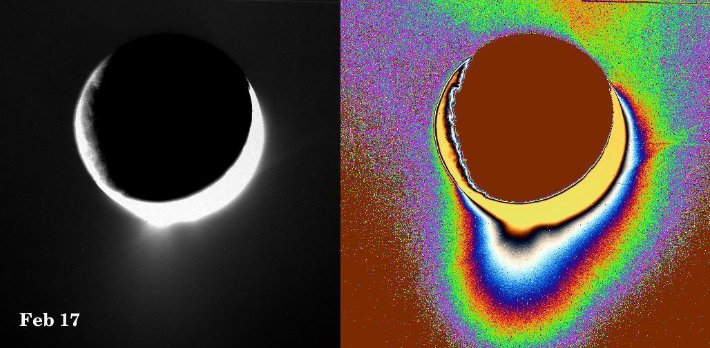 Color enhanced images that show eruptions on Enceladus.