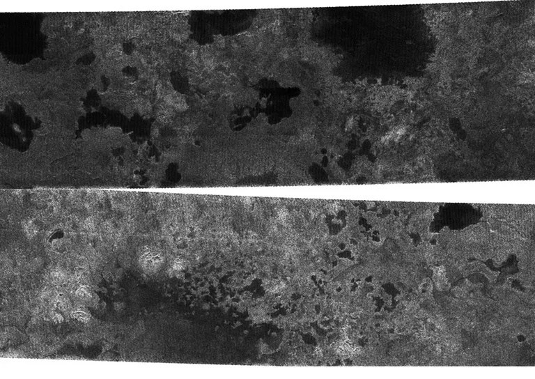 The Cassini spacecraft, using its radar system, has discovered very strong evidence for hydrocarbon lakes on Titan. These radar images were acquired during a previous flyby.