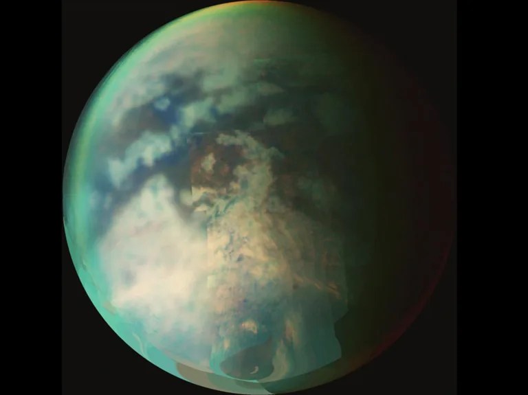 Cassini's visual and infrared mapping spectrometer captured this mosaic view of Titan during flybys in October 2006.