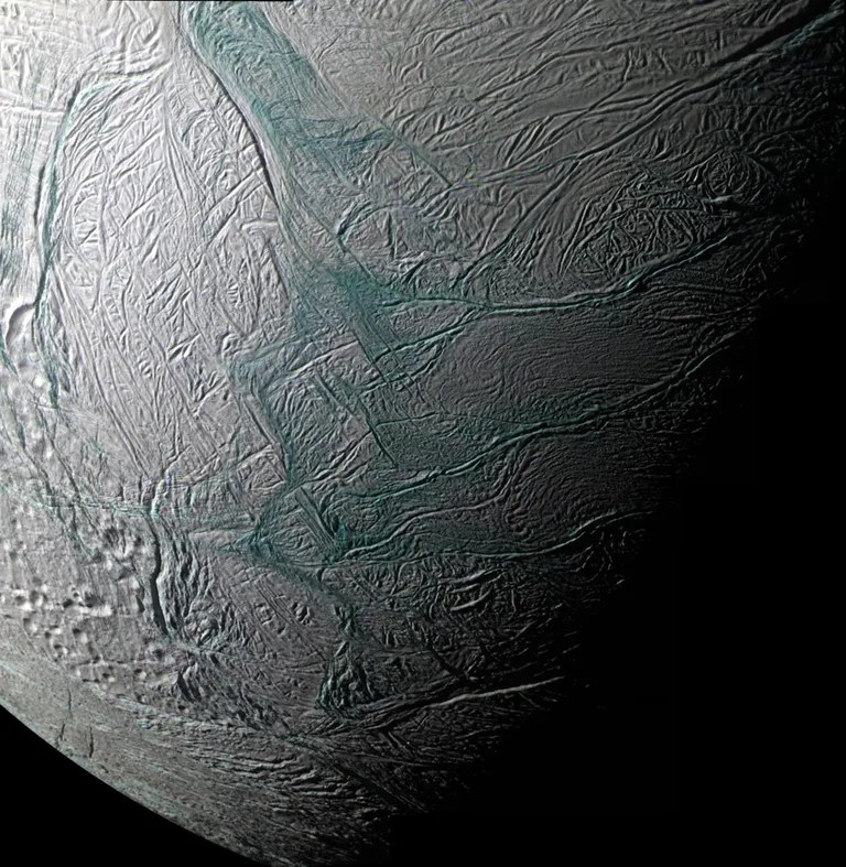 This sweeping mosaic of Saturn's moon Enceladus provides broad regional context for the ultra-sharp, close-up views NASA's Cassini spacecraft acquired minutes earlier, during its flyby on Aug. 11, 2008.