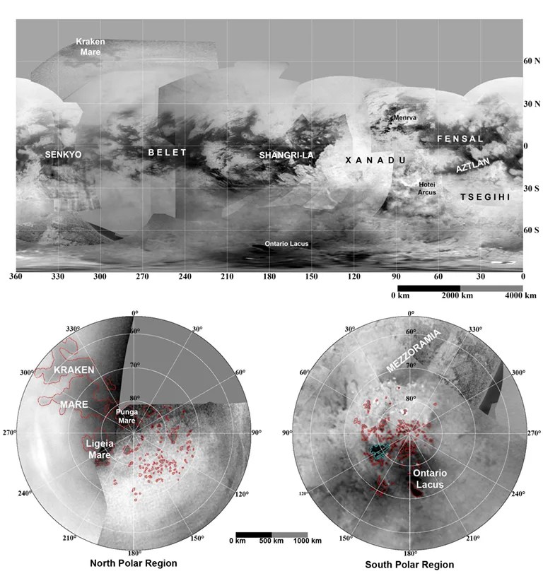 Maps of Titan - January 2009 --These updated maps of Saturn's moon Titan, consisting of data from the Cassini imaging science subsystem, include Cassini's August 2008 imaging of the moon's northern hemisphere