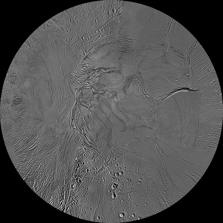 The southern hemisphere of Enceladus is seen in this polar stereographic map, mosaicked from the best-available Cassini and Voyager clear-filter images.